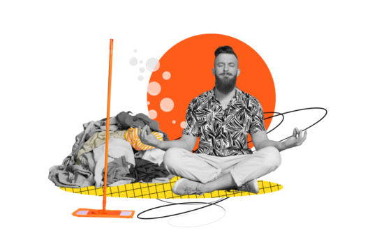 Trend artwork composite sketch image 3D photo collage of home domestic cleaning chores staff housekeeper young man wash floor mop meditate