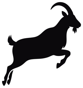 Dynamic black silhouette of a wild mountain goat or ibex leaping in profile view