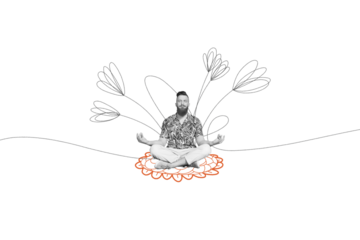 Creative trend collage of young man meditation bloom flowers spiritual awakening freak bizarre unusual fantasy