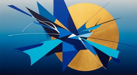 Abstract Art in Blue Palette with Dynamic Geometric Shapes and Gold Disk Decoration
