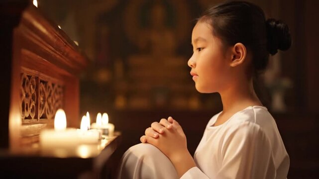 A young Asian girl in white clothing prays reverently amidst glowing candles in a temple setting.