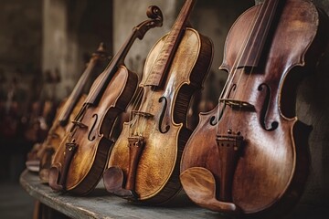 Handcrafted antique violins lined on a workshop shelf, rich wooden textures and detailed f holes, bridges and varnish showcasing luthier craftsmanship and vintage charm