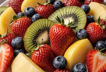 Obraz premium colorful fruit platter with strawberries, blueberries, and kiwi slices