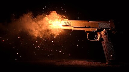 Handgun firing showing a bright muzzle flash, hot gases, and flying sparks against a dark, contrasting background, representing danger and immediate action