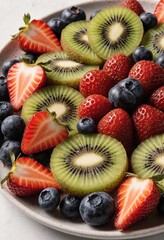 Obraz premium colorful fruit platter with strawberries, blueberries, and kiwi slices