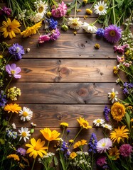 Vibrant Floral Arrangement Bordering Rustic Wooden Surface with Diverse Blooms