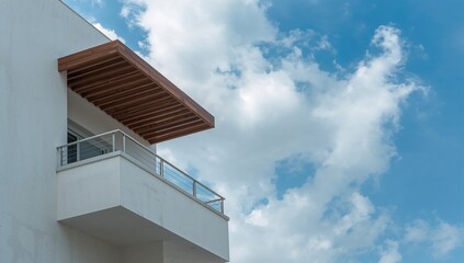 A contemporary white apartment building under a cloudy blue sky, urban density