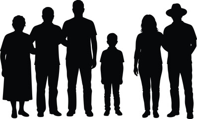 Silhouette diverse people group standing together, family community unity concept, multigenerational crowd illustration, teamwork diversity support, human figures outline, 