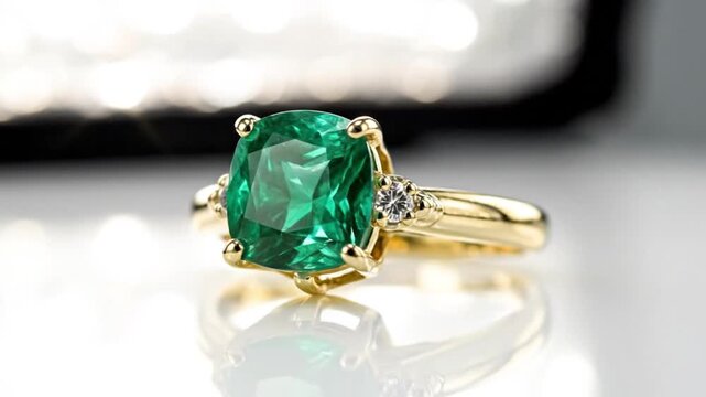 "Hyperrealistic Video of a Shiny Gold Ring with an Emerald on a White Background"