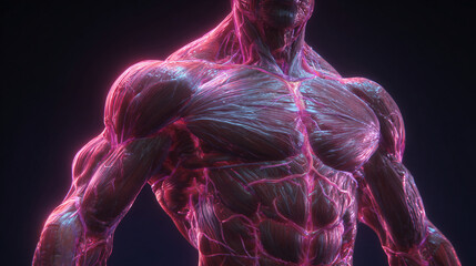 Human muscular system with visible blood vessels, glowing neon pink and blue