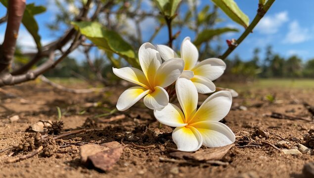 Frangipani flowers fall to the ground, seasonal change - Powered by Adobe
