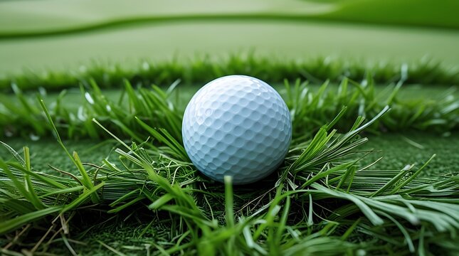 Close up of a white golf ball on a tee in green grass isolated on white background