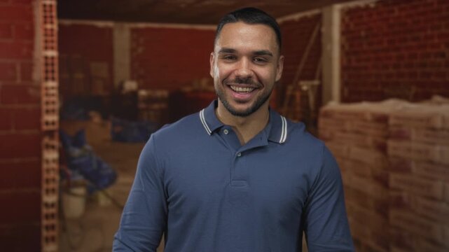 Man beckons with hand in building interior under construction among brick walls and stacked materials; invitation.