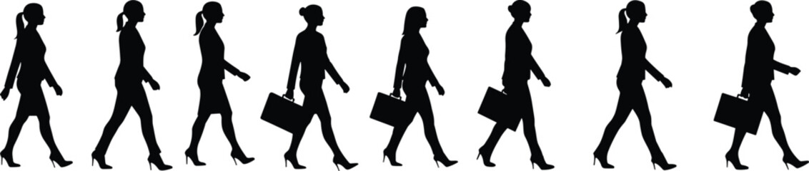 Businesswoman walking silhouette sequence, professional female character with briefcase, high heels office attire, corporate woman stride cycle, motion study, animation reference,