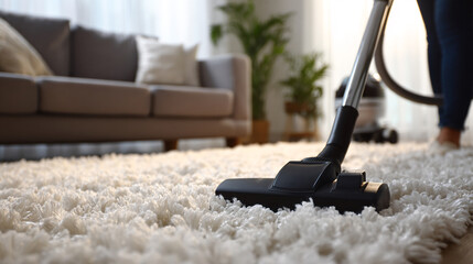 Vacuuming fuzzy carpet in a modern living room, cleaning house chores