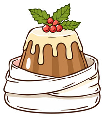 Illustrated Christmas pudding with dripping sauce and a holly garnish