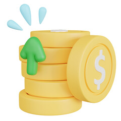 3D render of gold coin with upward arrow.