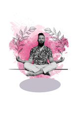 Sketch image trend artwork 3D photo collage of outdoors nature illustration young man sit meditate...