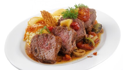 Fototapeta premium Grilled beef tenderloin served with vegetables and sauce on a white dish. Celebration feast cuisine. Fine dining menu. White backdrop.