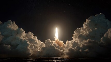 Obraz premium Rocket ascending into the dark starry sky, emitting a fiery propulsion trail and creating massive, illuminated smoke plumes, symbolizing space exploration, innovation, and technological advancement