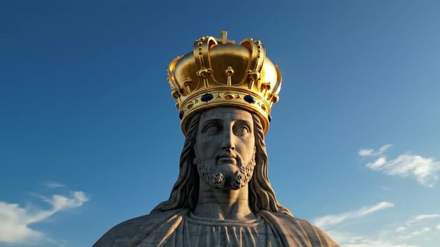 Low-angle view of a statue of Christ the King wearing a golden crown against a clear blue sky with scattered clouds.