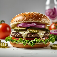 Delicious double cheeseburger with lettuce tomato and pickles isolated on white background