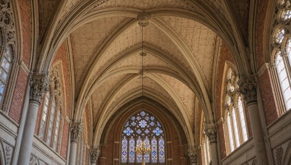 Fototapeta premium Collegiate Gothic design by James Gamble Rogers showcases detailed stonework, vaulted ceilings, and historic elements at Saybrook College.