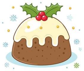 Cartoon Christmas Pudding with Holly and Berries and Falling Snowflakes