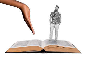 Composite 3D collage trend artwork template design of huge book paper page hand gesture showing...