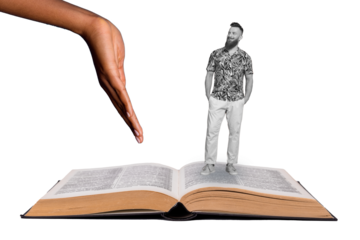 Composite 3D collage trend artwork template design of huge book paper page hand gesture showing miniature young guy hipster stand