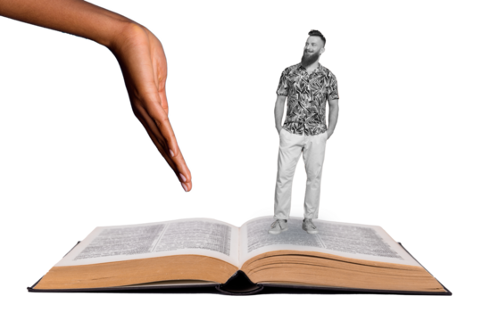 Composite 3D collage trend artwork template design of huge book paper page hand gesture showing miniature young guy hipster stand