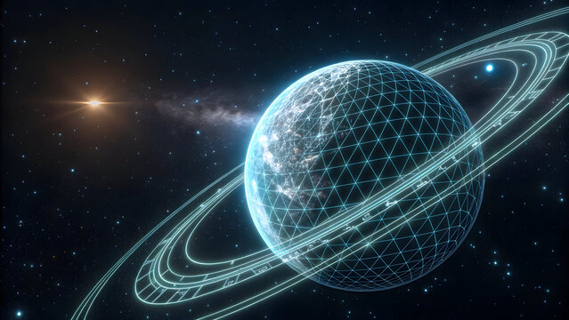 Luminous blue planet with glowing grid overlay and ring system in starry space full hd 4k stock image download