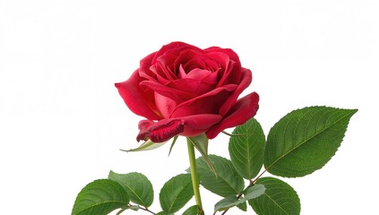 Isolated flower cutout on white background, vibrant red rose with lush green foliage, seasonal beauty