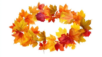 Vibrant Autumn Maple Leaf Wreath or Garland, Oval Frame Isolated on White Background