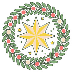 Obraz premium Stylized Holiday Wreath with Star and Berries, Festive Christmas Decorative Element