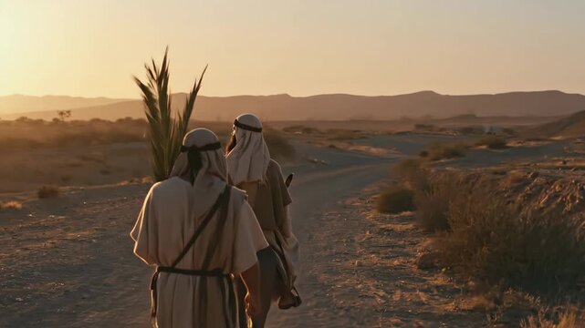Two men on a donkey traveling a dusty desert road at sunset with a palm branch for religious Christian biblical reenactment footage