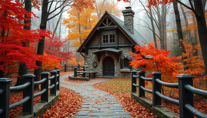 Stone house in the autumn forest. Forest cottage with a path. Bright, warm autumn colors
