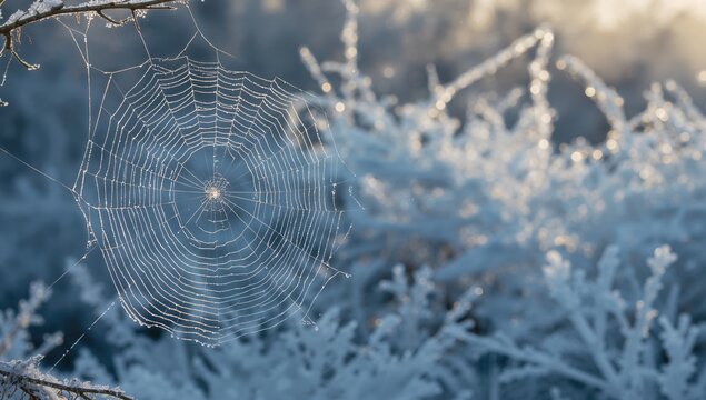 Frosty spider webs glistening in winter's chill, seasonal change