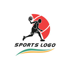 Dynamic silhouette of a basketball player in action with a stylized ball and sporty graphic elements