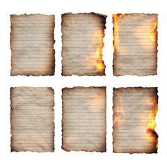 A series of aged paper pages, some alight with fiery flames, evoking a sense of history, destruction, and mystery.