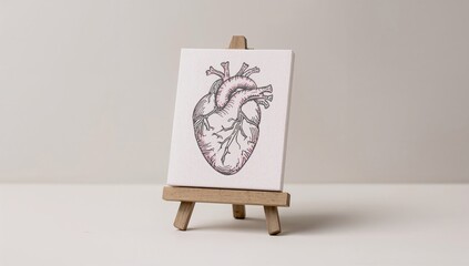 Tiny heart artwork on a pink backdrop, set on a wooden stand. High-resolution image