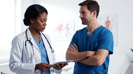 A diverse team of doctors consults in a modern clinic, reviewing patient data on a tablet. - Powered by Adobe