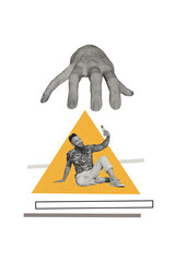 Vertical photo collage of happy man blogger do selfie phone hand threat cyberbullying catch hater...