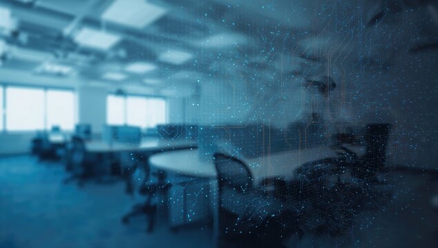 Creative digital blue circuit grid overlaying a blurred office interior, technology and innovation theme