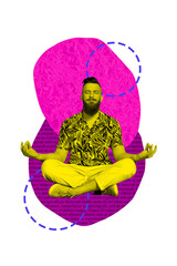 Exclusive vertical photo collage of serious focused man wear stylish cloth sit lotus pose asana...
