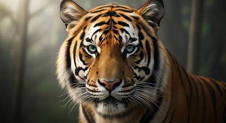 Fototapeta premium A close up portrait of a tiger with striking blue eyes looking directly at the viewer in a forest setting