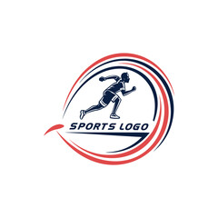 Dynamic sports logo featuring a runner in motion within a swirling circular design
