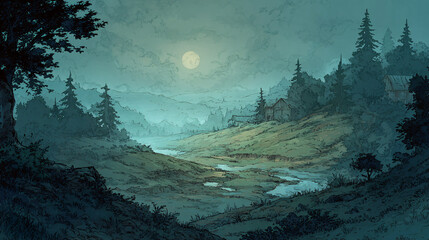 Misty night landscape illustration with a full moon over countryside and cottages