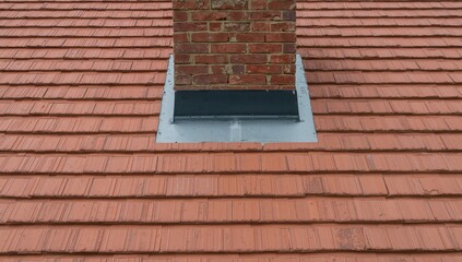 Examination of a recently fitted ceramic tile roof on a vintage countryside home, showcasing the classic brick chimney and fresh lead flashing.