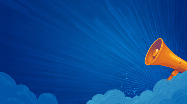 Announcement megaphone broadcasting message from clouds on dynamic blue background